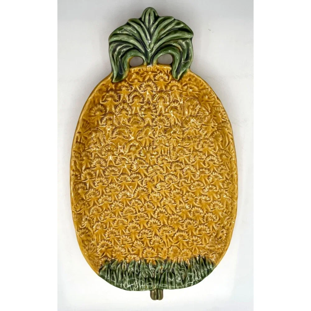 Olfaire Large Majolica Pineapple Plate Dish Serving Tray 15x9 Made in Portugal